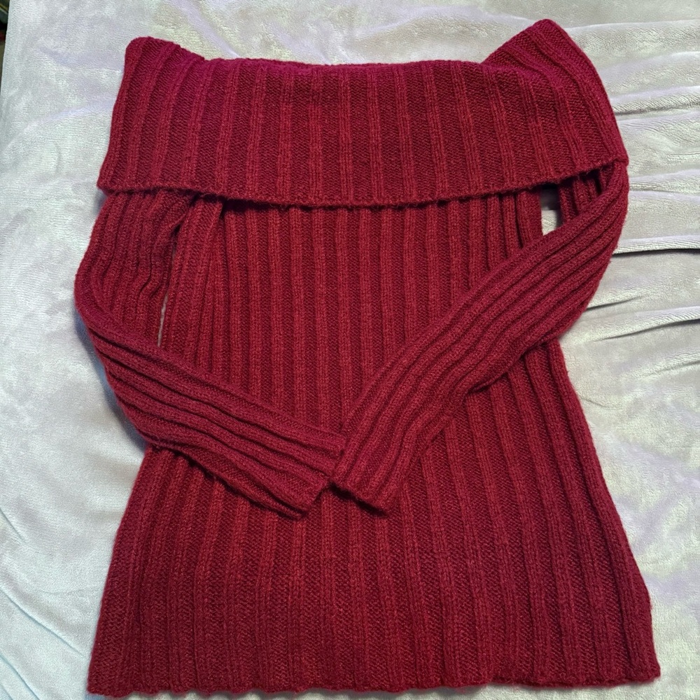 Burgundy Off the Shoulder Ribbed Sweater 🥀
